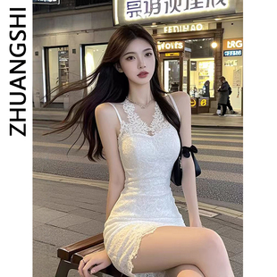 性感紧身包臀短裙子 新款 纯欲辣妹风白色法式 蕾丝花边连衣裙女夏季