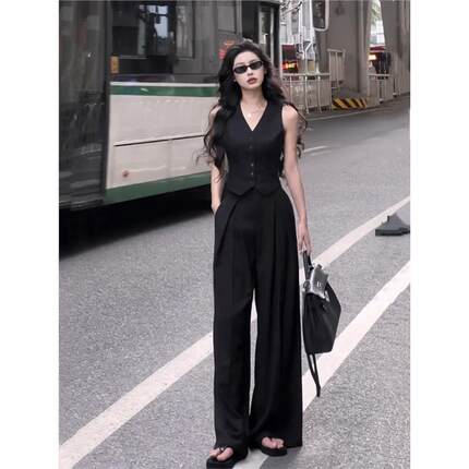 炸街减龄洋气时尚套装女夏辣妹微胖显瘦遮肉马甲阔腿西装裤两件套