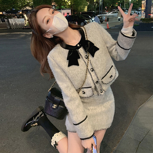 高级感小香风毛呢套装裙2024秋冬韩剧气质名媛蝴蝶结拼接两件套女