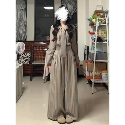 早秋韩系氛围感穿搭一整套2025新款长袖衬衫条纹阔腿裤两件套装女