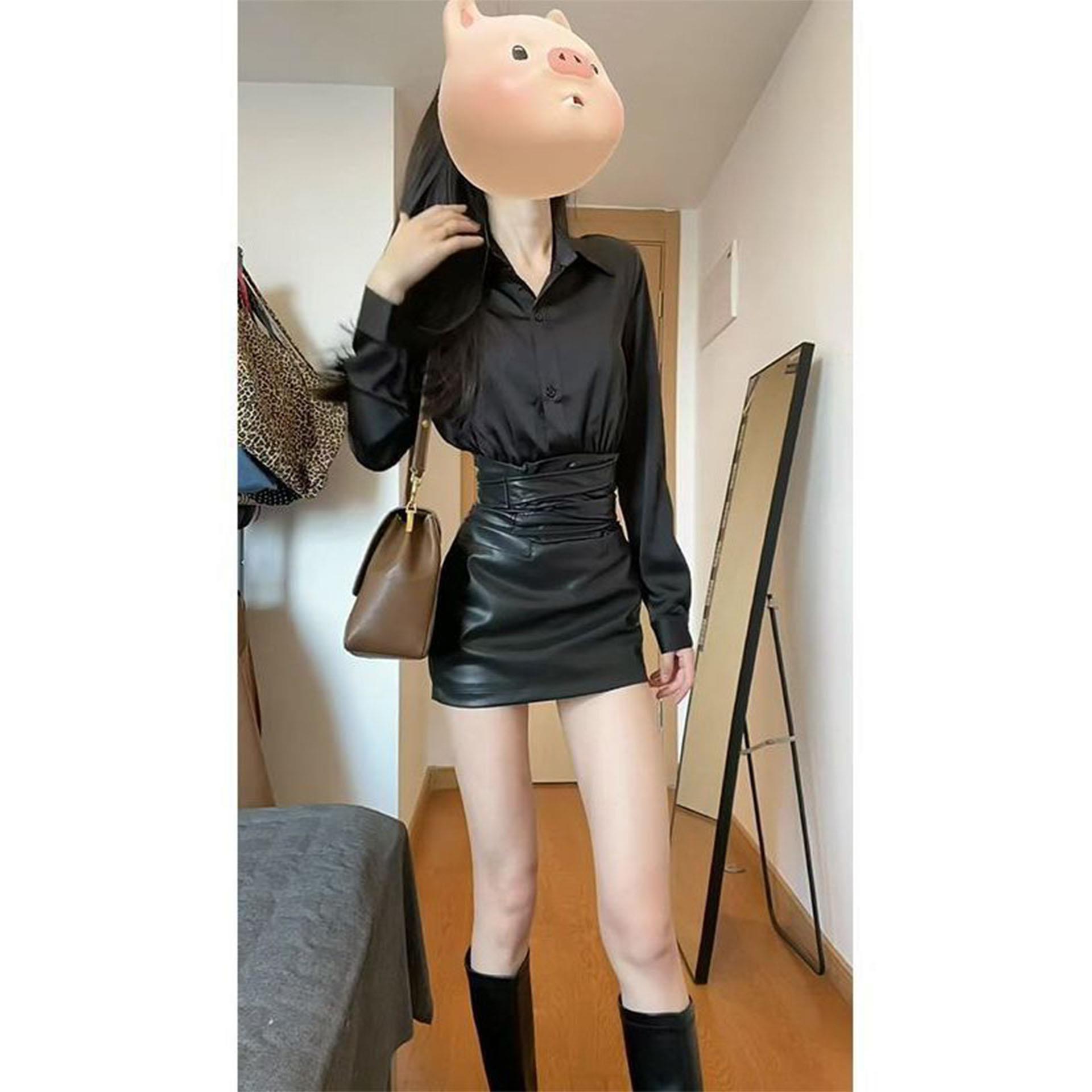 辣妹纯欲套装女秋季高级感气质翻领长袖衬衫收腰包臀pu皮裙两件套