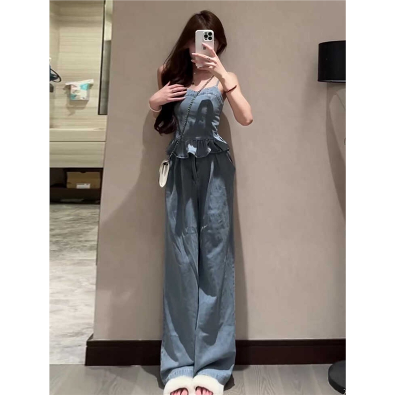 美式复古辣妹抹胸牛仔套装女夏季木耳边吊带上衣高腰阔腿裤两件套