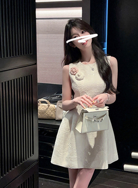 FFmiss◆高级感立体花朵亮丝收腰连衣裙女夏法式洋气无袖刺绣短裙