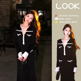 小香风v领长袖连衣裙女2025秋冬新款收腰显瘦长裙轻奢高级感女装