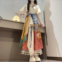 文艺森系套装2025新款夏季艺术生穿搭复古不规则油画半身裙两件套