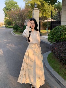 秋冬季套装女新中式国风淡雅重工提花马面连衣裙子长袖衬衫两件套