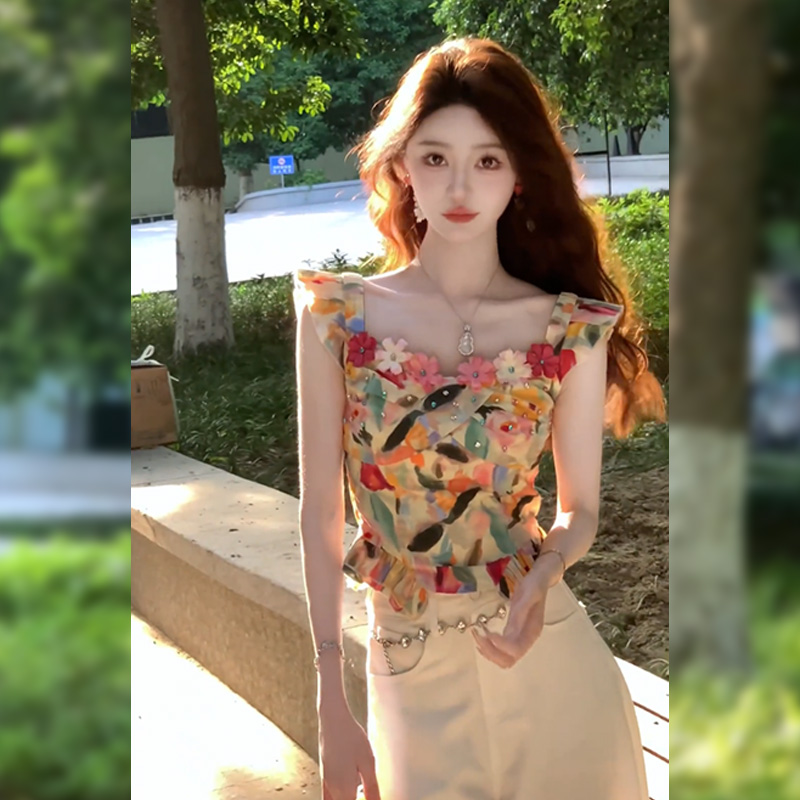 法式气质油画感飞飞袖修身上衣2025夏季新款辣妹掐腰漂亮小衫女装