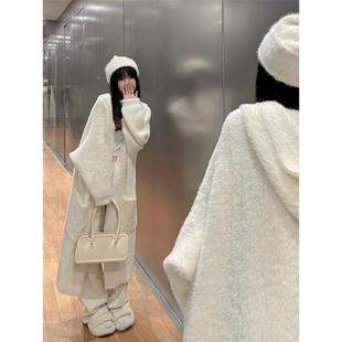 温柔风白色水貂绒针织开衫大衣女冬宽松慵懒中长款连帽毛衣外套