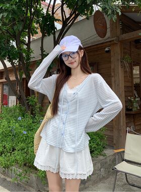 2025新款甜美套装单排扣条纹长袖外套女夏季内搭蕾丝边背心两件套