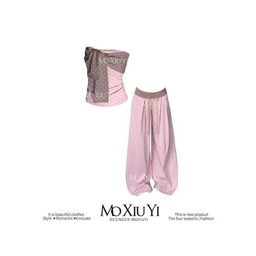 MoXiuYi STUDIO 【现货】蝴蝶结波点抹胸背心上衣女阔腿裤套装