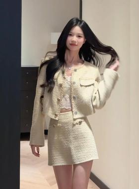 黄色小香风套装裙女秋季2025新款富家千金气质名媛穿搭短裙两件套