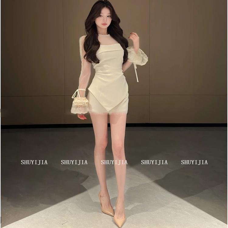 SYJ/舒衣家 微胖mm设计感纱网长袖上衣女辣妹风高腰显瘦短裤套装