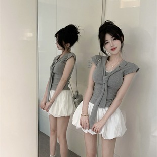 两件套装 海军领系带蕾丝拼接无袖 花苞半身裙2025夏季 修身 女 T恤