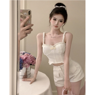 女洋气时尚 蝴蝶结吊带上衣休闲短裤 两件套 小香风气质名媛套装 夏季