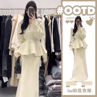 早秋搭配一整套女2024新款韩剧小香风收腰毛衣鱼尾半身裙两件套装