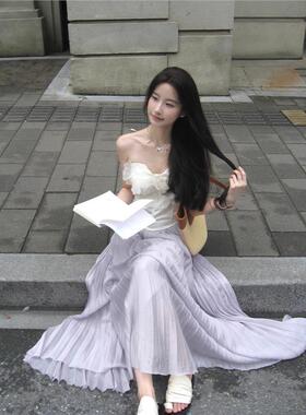 白开水套装白色立体花朵露肩抹胸上衣女春夏重工百褶半身裙两件套