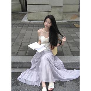 白开水套装白色立体花朵露肩抹胸上衣女春夏重工百褶半身裙两件套