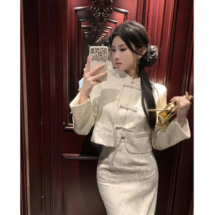 新中式中国风套装裙高级感唐装短外套高腰包臀开叉半身裙子两件套
