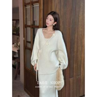 慵懒风立体花朵系带V领针织衫 穿搭一整套 毛衣半身裙两件套女冬季