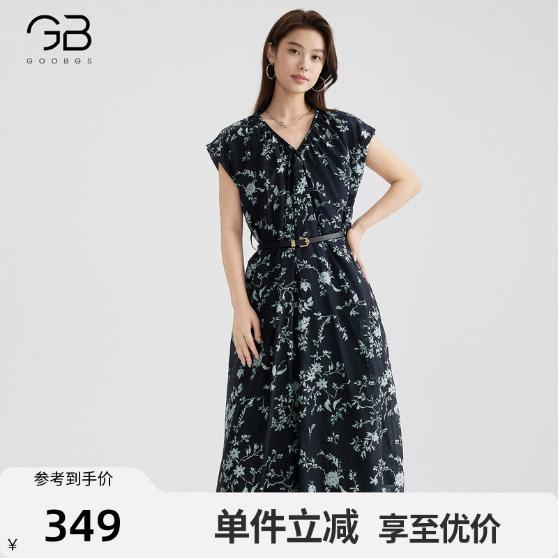 谷邦法式印花连衣裙V领收腰显瘦
