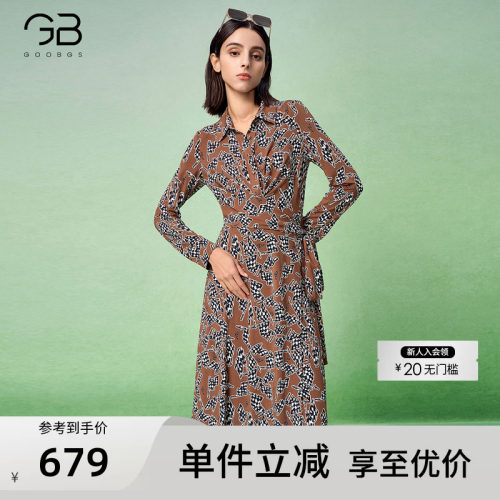 谷邦复古印花衬衫连衣裙女