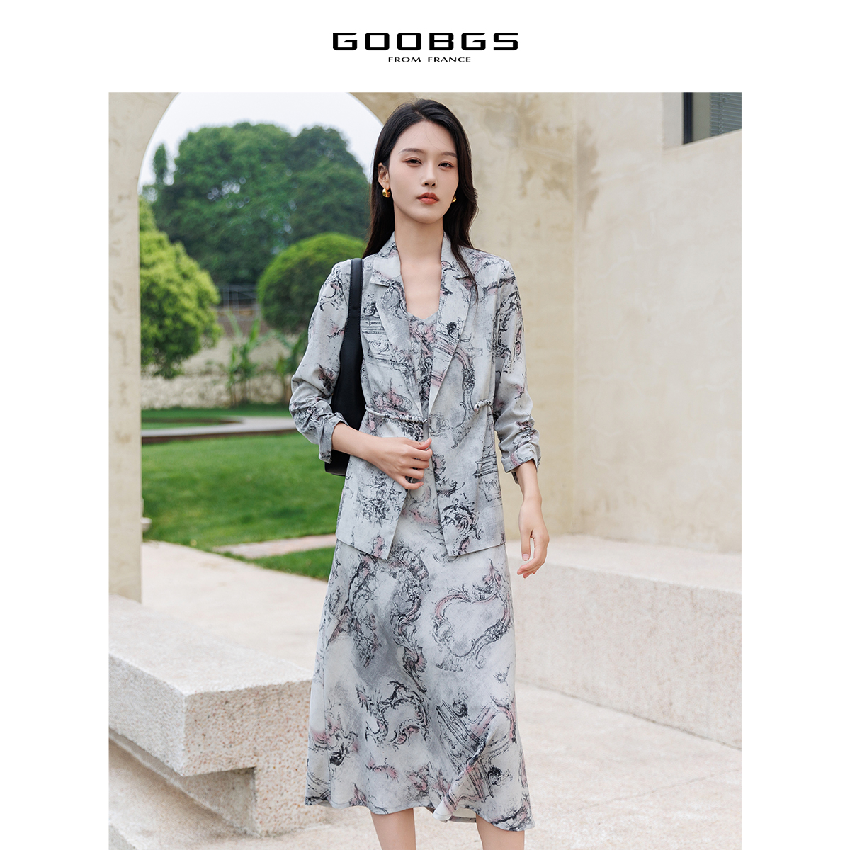 GOOBGS谷邦新中式印花吊带连衣裙