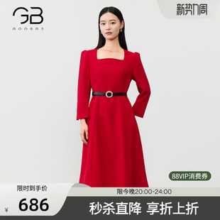 气质显瘦收腰中长A字裙子 新款 谷邦红色方领长袖 连衣裙女2026春季