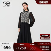 谷邦设计感绣花拼接连衣裙女2026春季 新款 气质收腰假两件长裙子