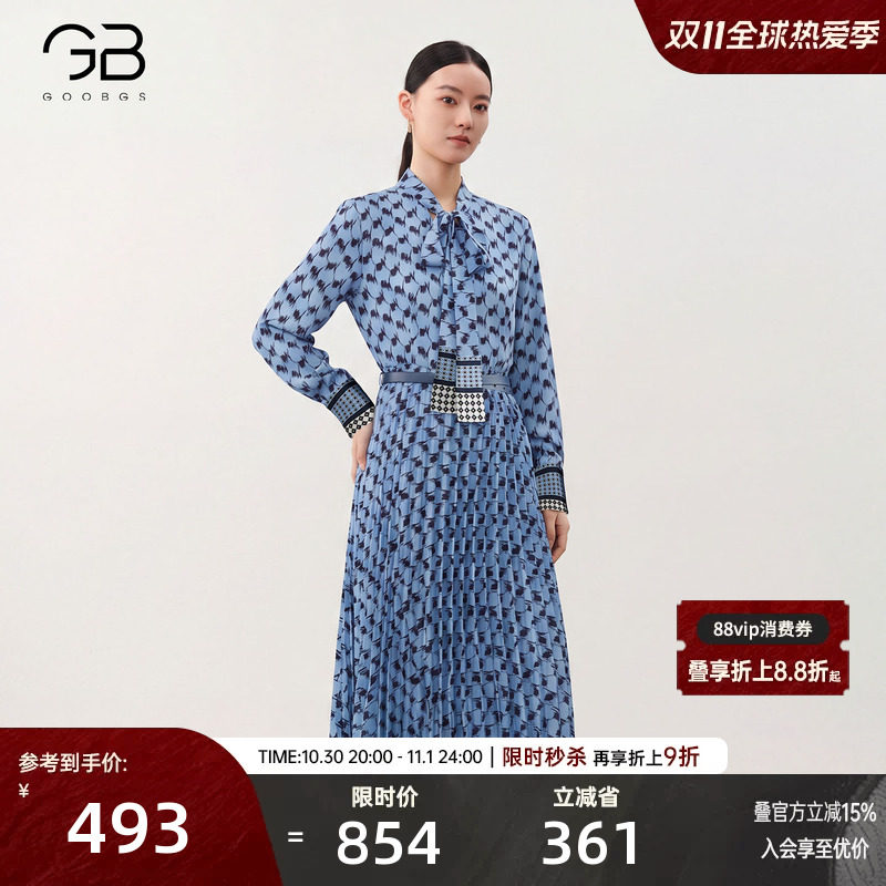 GOOBGS/谷邦设计感印花连衣裙女2026秋气质收腰显瘦百褶长裙子