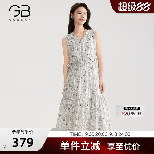 谷邦法式气质无袖印花连衣裙