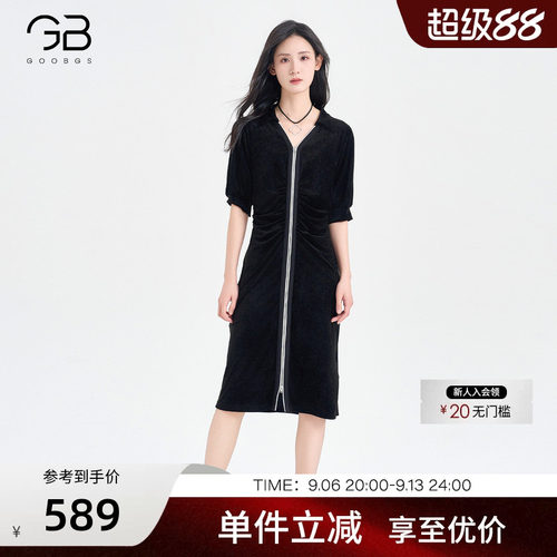 谷邦黑色丝绒短袖连衣裙女