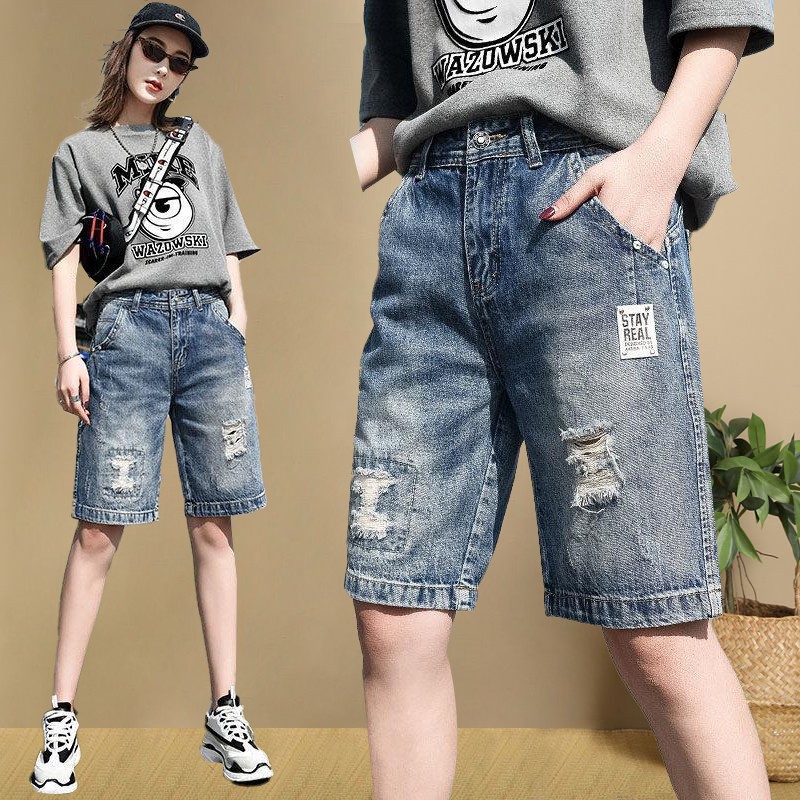 直筒牛仔短裤女夏季薄款新款破洞高腰显瘦百搭大腿粗五分裤子中裤