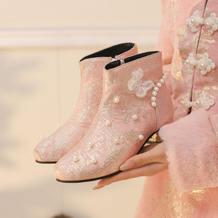 原创~洛丽塔汉服珍珠短靴子时尚中跟显瘦宴会马丁靴古风大码女鞋