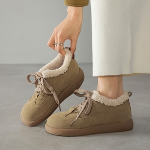3cm厚底防滑系带休闲单鞋圆头低跟大码复古文艺加绒保暖雪地靴女