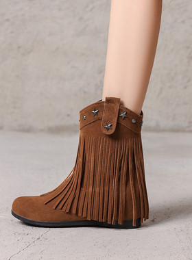 波西米亚甜美流苏靴内增高侧拉链铆钉靴子女鞋时尚中跟大码短靴子