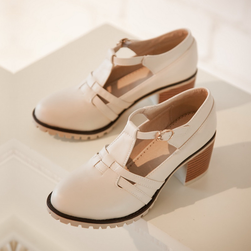 韩版百搭扣带女粗中跟防滑休闲鞋