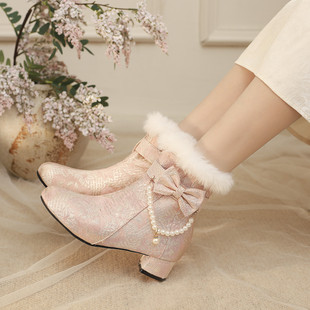 3.5cm粗跟新中式短靴子国风旗袍串珠甜美蝴蝶结女鞋子大码马丁靴