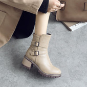 韩版 马丁靴 子2025秋冬百搭复古中筒靴粗跟大码 时尚 中跟皮带扣女鞋