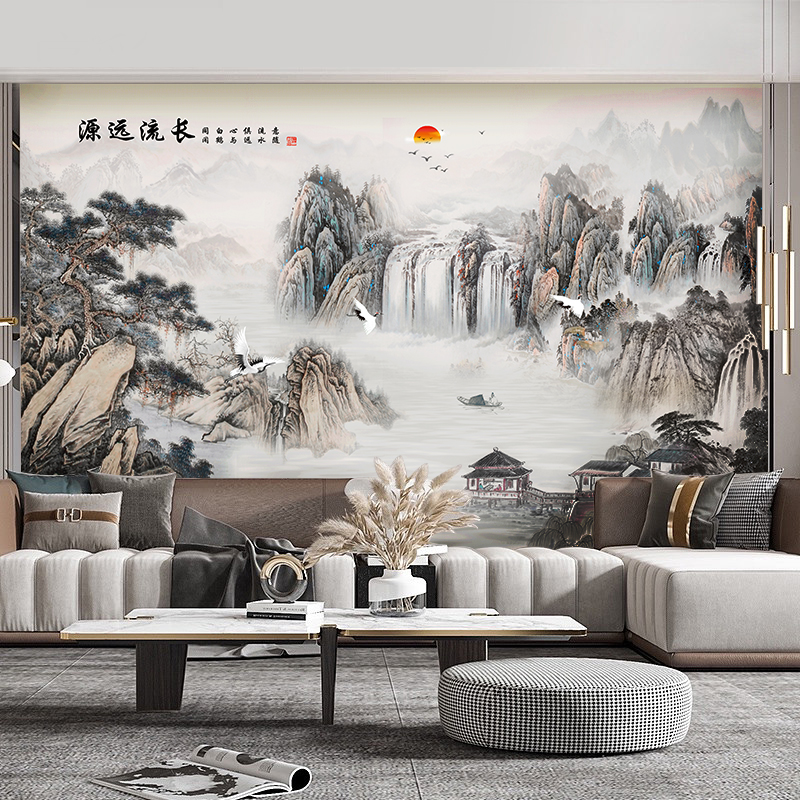 山水画水墨画客厅墙纸自粘墙画风景画新中式墙贴纸墙布背景墙壁画