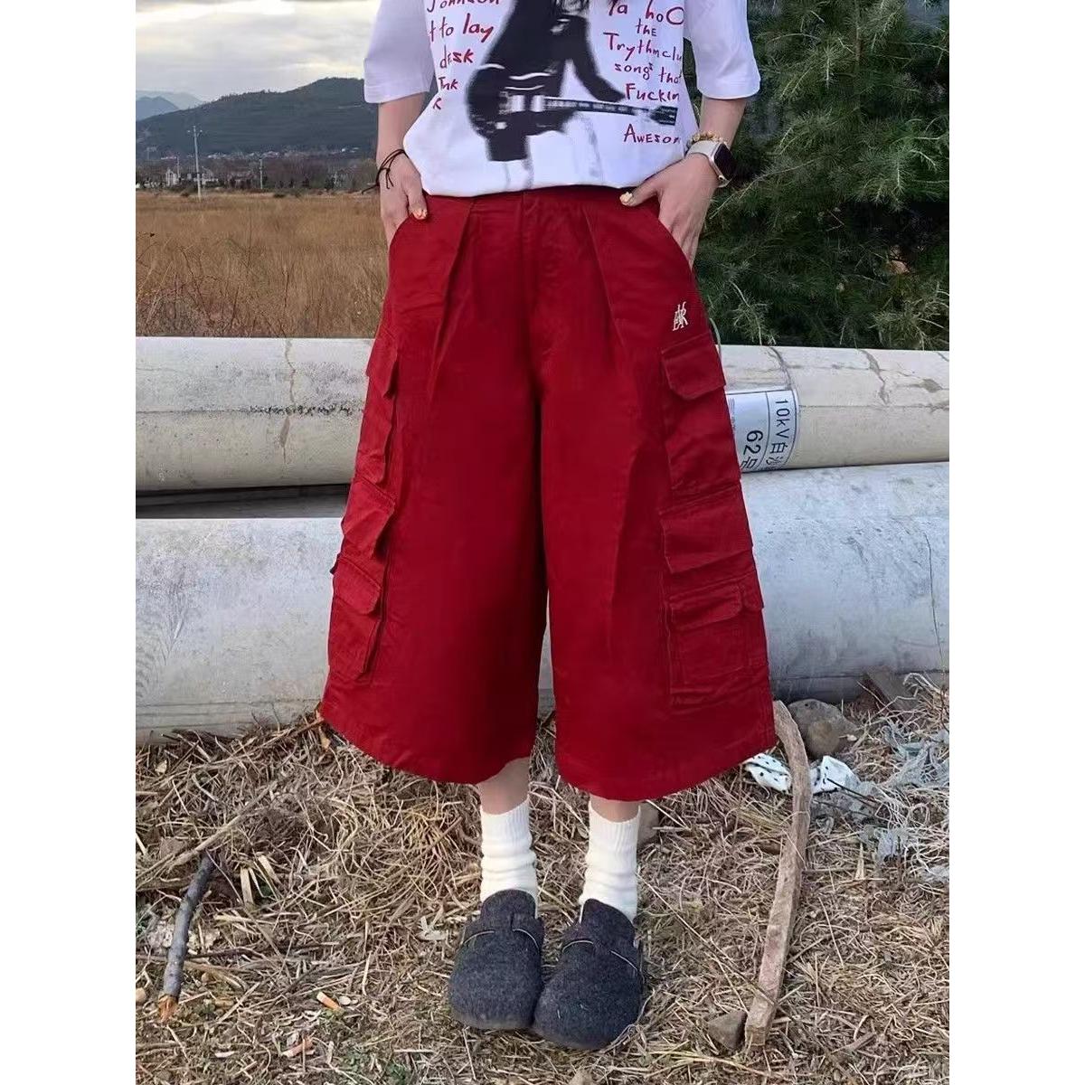 美式复古红色多口袋工装七分牛仔裤女2025夏季新款宽松潮流阔腿裤