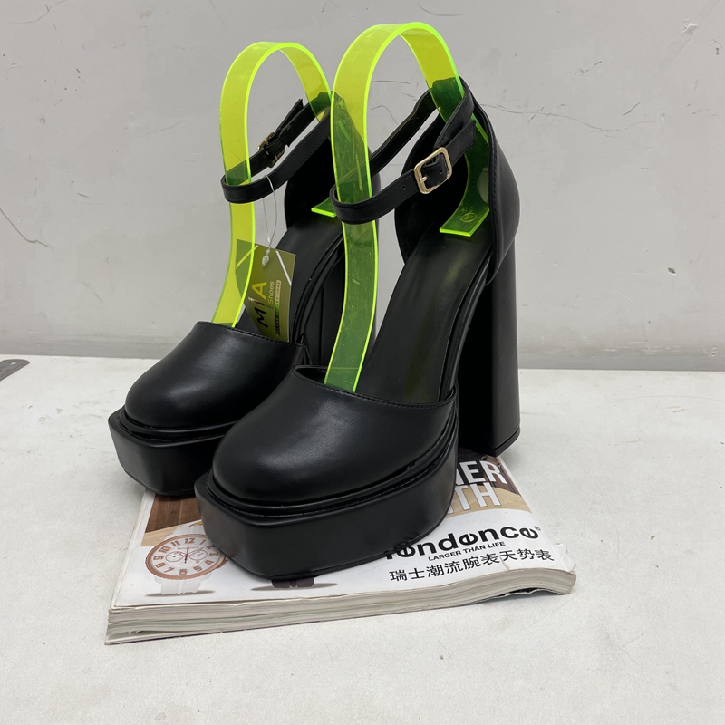 外贸女鞋粗跟防水台pu方头