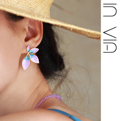 紫色花朵耳环度假风耳钉甜美耳饰