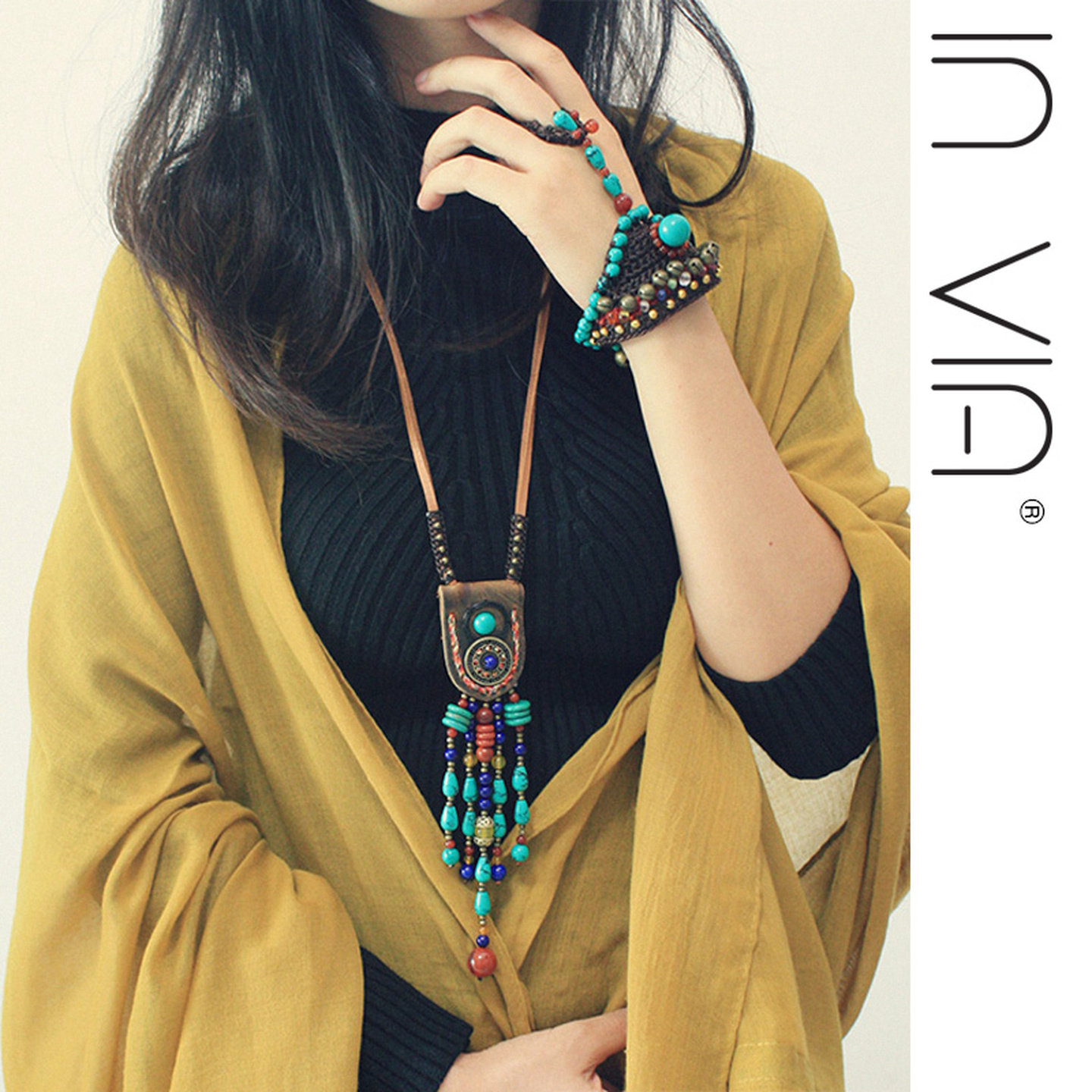 民族风长款项链女毛衣链复古文艺绿松石藏式波西米亚风饰品手工