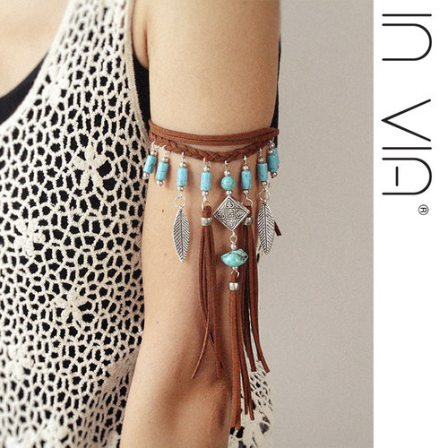 invia原创波西米亚民族锁骨项链手臂链流苏松石度假饰品头饰发带