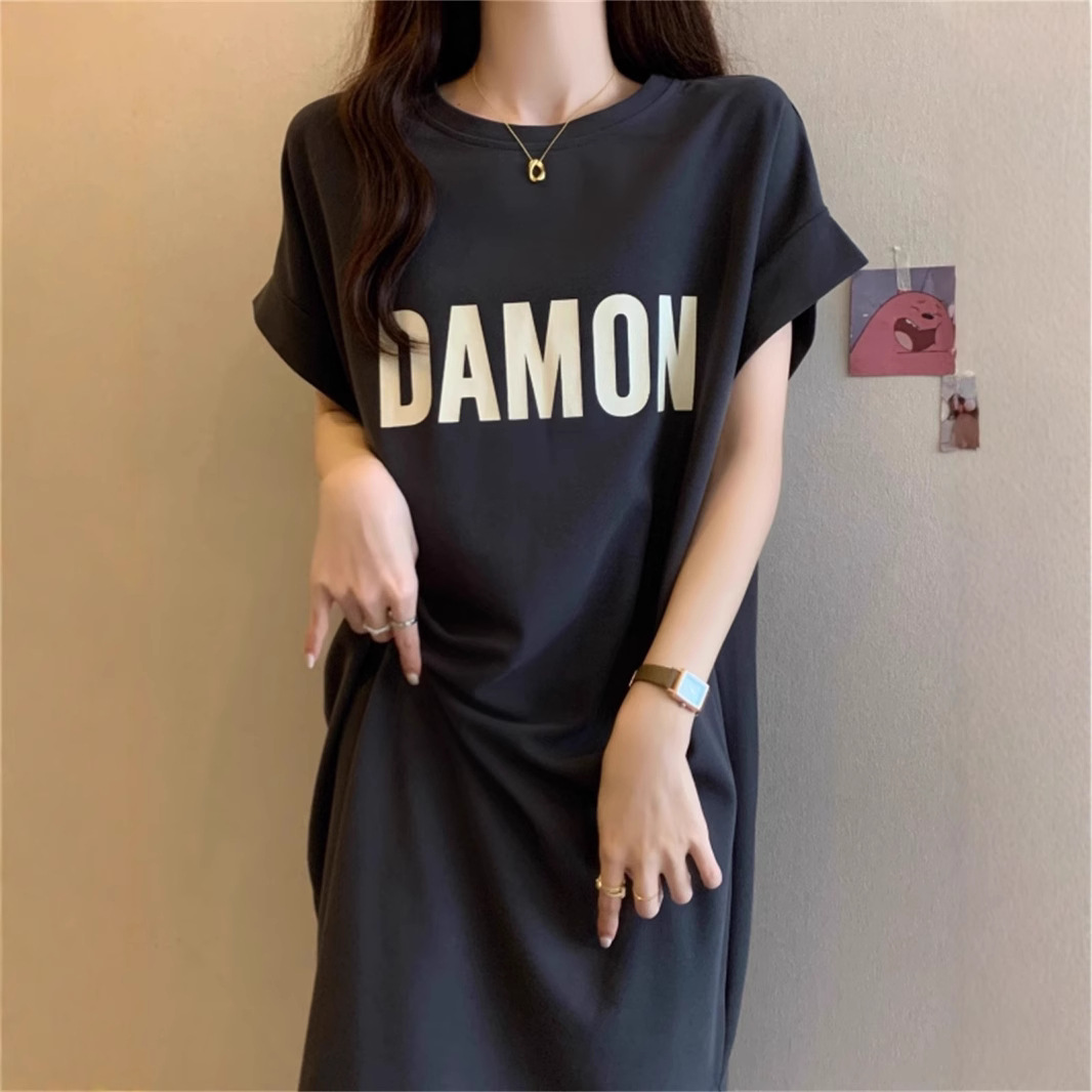 大码女装短袖t恤连衣裙夏季胖mm宽松显瘦遮肚子直筒休闲过膝裙子