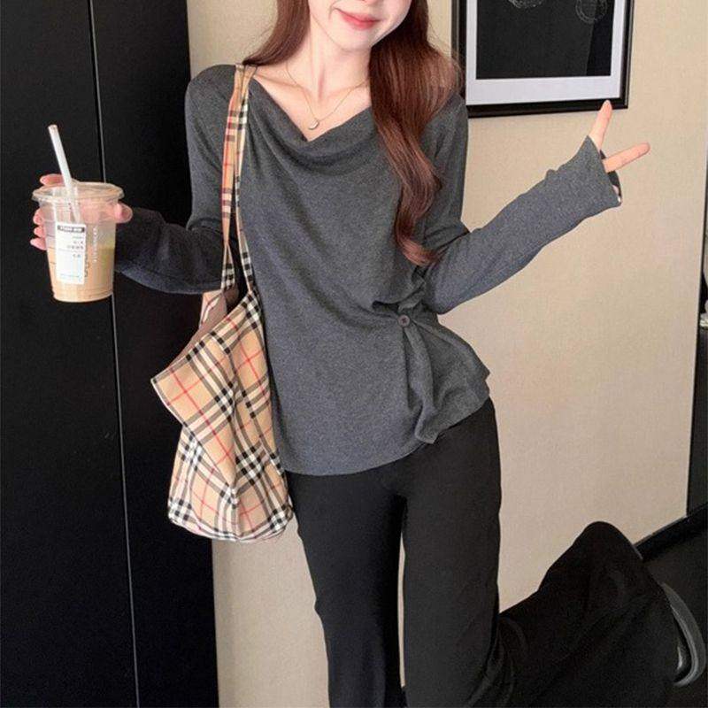 韩式荡领斜扣针织衫女早秋收腰显瘦气质长袖套头上衣保暖打底衫潮,女装/女士精品,毛针织衫,淘宝优惠券,粉丝福利购,淘宝优惠卷