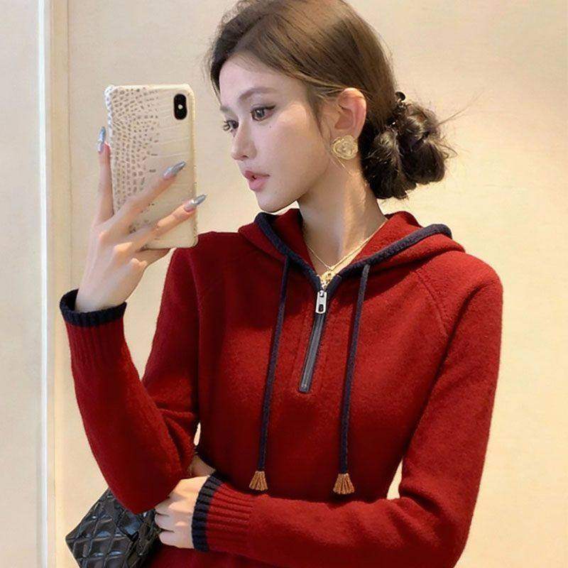 软糯连帽半拉链针织衫女秋冬红色修身百搭毛衣抽绳上衣保暖打底衫,女装/女士精品,毛针织衫,淘宝优惠券,粉丝福利购,淘宝优惠卷