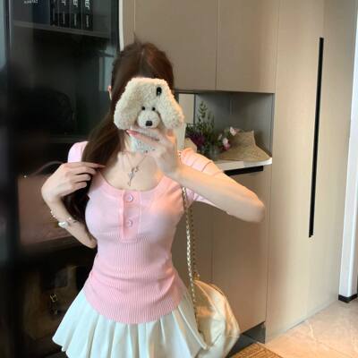 甜美风粉色纽扣U领针织衫女夏季修身短袖套头百搭打底衫薄款上衣