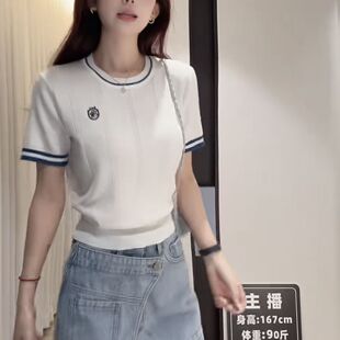 韩系设计感刺绣正肩针织衫短袖T恤女夏季修身独特漂亮精致小上衣