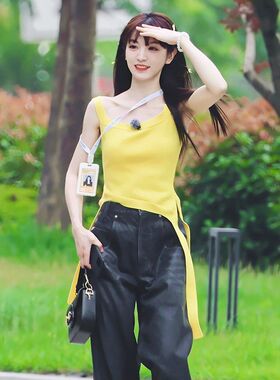 田曦薇同款黄色针织衫吊带背心女短款U领飘带不规则修身小众上衣